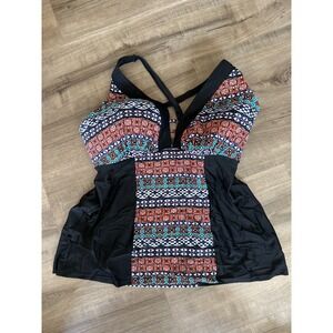 Swim by Cacique Women 20 Tankini Top Boho Geometric Print Black Orange Blue